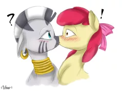 Size: 2048x1536 | Tagged: safe, artist:valiantstar00, derpibooru import, apple bloom, zecora, earth pony, pony, zebra, accidental kiss, blushing, bust, ear piercing, earring, exclamation point, female, floppy ears, jewelry, kissing, lesbian, mare, neck rings, piercing, quadrupedal, question mark, shipping, simple background, surprise kiss, surprised, unexpected, white background, zecobloom