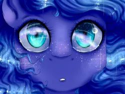 Size: 2048x1536 | Tagged: safe, artist:valiantstar00, derpibooru import, princess luna, pony, ambiguous facial structure, beautiful, bust, crescent moon, ethereal mane, eye reflection, female, freckles, looking at you, mare, moon, open mouth, reflection, solo, star freckles, starry mane, stars