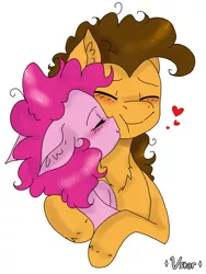 Size: 1536x2048 | Tagged: safe, artist:valiantstar00, derpibooru import, cheese sandwich, pinkie pie, pony, :t, blushing, cheesepie, chest fluff, ear fluff, eyes closed, female, floppy ears, heart, hug, kissing, male, mare, missing accessory, shipping, simple background, smiling, stallion, straight, white background