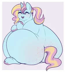 Size: 786x872 | Tagged: suggestive, artist:lulubell, derpibooru import, oc, oc:gummy galore, unofficial characters only, pony, unicorn, belly, big belly, blushing, butt freckles, fat, female, freckles, huge belly, impossibly large belly, large butt, mare, obese, ponytail, sitting, smiling, solo