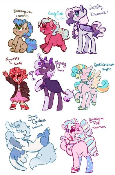 Size: 727x1100 | Tagged: safe, artist:bubaiuv, deleted from derpibooru, derpibooru import, oc, oc:blueberry jam, oc:bubblegum pop, oc:candy crush, oc:chamomille, oc:good vibrations, oc:majesty, oc:roxette, oc:snowy cyclone, unofficial characters only, bat pony, draconequus, earth pony, hippogriff, hybrid, pony, unicorn, equestria girls, colt, female, filly, interspecies offspring, magical gay spawn, magical lesbian spawn, male, mare, offspring, parent:cheese sandwich, parent:coloratura, parent:discord, parent:fluttershy, parent:party favor, parent:pinkie pie, parent:princess luna, parent:princess skystar, parent:rainbow dash, parent:rarity, parent:soarin', parent:sunset shimmer, parent:tempest shadow, parents:cheesefavor, parents:lunashy, parents:pinkiedash, parents:rarapie, parents:skypie, parents:sunsetpie, parents:tempity