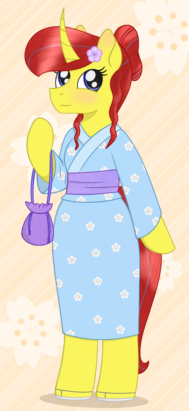 Size: 832x1804 | Tagged: safe, artist:dyonys, derpibooru import, oc, oc:maya yamato, semi-anthro, unicorn, bag, blushing, clothes, curved horn, cute, flower, flower in hair, horn, sandals, simple background, standing, yukata