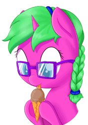 Size: 895x1265 | Tagged: safe, artist:ether-star, derpibooru import, oc, oc:raspberry tart, pony, unicorn, animated, braid, commission, female, filly, food, gif, headband, ice cream, solo, your character here