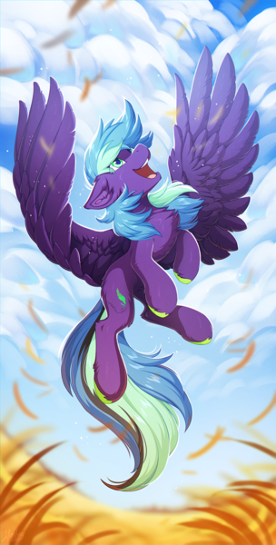 Size: 760x1500 | Tagged: safe, artist:hioshiru, derpibooru import, oc, oc:zolifer, unofficial characters only, pegasus, pony, chest fluff, cloud, colored hooves, field, flying, looking up, male, solo, spread wings, stallion, wings
