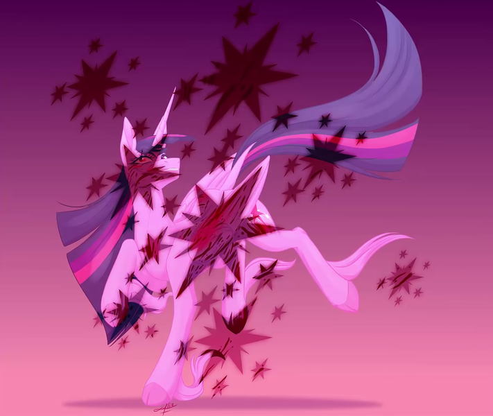 Size: 1280x1080 | Tagged: semi-grimdark, artist:emalajissda, derpibooru import, edit, twilight sparkle, twilight sparkle (alicorn), alicorn, pony, better source needed, blood, blood splatter, cloven hooves, cropped, cutie mark, duality, female, gradient background, grin, leonine tail, long mane, long tail, mare, raised hoof, smiling, solo, speedpaint available, unshorn fetlocks