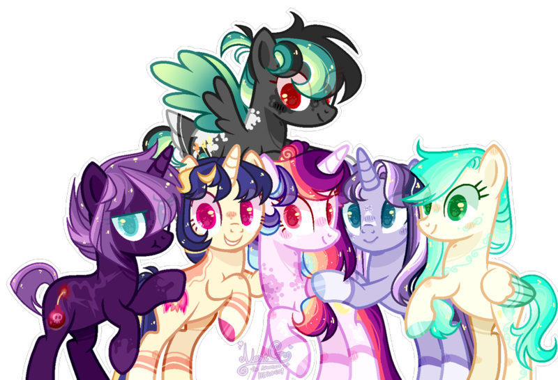 Size: 1024x699 | Tagged: safe, artist:manella-art, derpibooru import, oc, oc:aurora twilightshine, oc:green drop, oc:leon, oc:midnight sparkle, oc:moonlight sparkle, oc:neverfree storm, unofficial characters only, alicorn, pegasus, pony, unicorn, base used, female, half-siblings, magical lesbian spawn, mare, offspring, parent:derpy hooves, parent:flash sentry, parent:fluttershy, parent:princess luna, parent:rainbow dash, parent:tempest shadow, parent:twilight sparkle, parents:derpydash, parents:flashlight, parents:flutterdash, parents:tempestlight, parents:twidash, parents:twiluna, simple background, transparent background