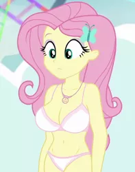 Size: 850x1080 | Tagged: suggestive, derpibooru import, edit, edited screencap, editor:ah96, screencap, fluttershy, equestria girls, equestria girls series, rollercoaster of friendship, beautiful, belly button, big breasts, bra, breast edit, breasts, busty fluttershy, cleavage, clothes, cropped, female, geode of fauna, hair ornament, image, magical geodes, panties, png, race swap, sexy, solo, solo female, stupid sexy fluttershy, underwear, underwear edit, white underwear