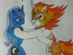 Size: 4128x3096 | Tagged: safe, artist:juani236, derpibooru import, daybreaker, princess luna, alicorn, pony, duo, duo female, female, graph paper, holding a pony, traditional art