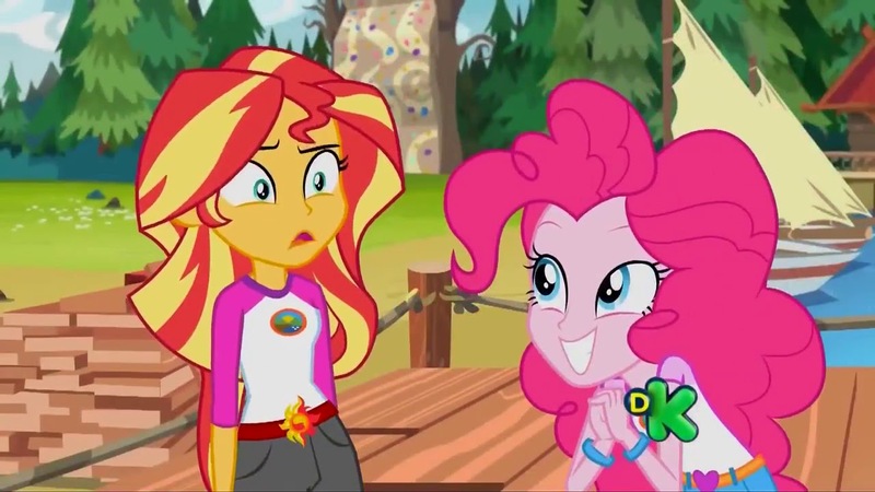 Size: 1280x720 | Tagged: safe, derpibooru import, screencap, pinkie pie, sunset shimmer, equestria girls, legend of everfree, belt, boat, camp everfree outfits, confused, discovery kids, duo, duo female, female, grin, smiling