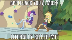 Size: 639x359 | Tagged: safe, derpibooru import, edit, edited screencap, editor:undeadponysoldier, screencap, applejack, rarity, bronies react, equestria girls, legend of everfree, camp everfree outfits, caption, climbing harness, climbing wall, helmet, image macro, implied death, meme, reference, rope, text, viva reverie