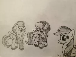 Size: 3221x2426 | Tagged: safe, artist:mopar96, derpibooru import, barley barrel, pickle barrel, rainbow dash, pegasus, pony, rainbow roadtrip, barrel twins, brother and sister, clothes, colt, female, filly, happy, hat, male, monochrome, newbie artist training grounds, siblings, traditional art, twins