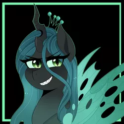 Size: 2940x2938 | Tagged: artist:emera33, black background, changeling, changeling queen, derpibooru import, female, green eyes, high res, queen chrysalis, safe, simple background, smiling, smirk, solo, teeth