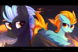 Size: 2449x1632 | Tagged: safe, artist:mirtash, derpibooru import, lightning dust, thunderlane, pegasus, pony, angry, black bars, dialogue, dock, female, looking at each other, male, mare, rcf community, shipping, stallion, story included, straight, thunderdust