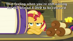 Size: 1466x825 | Tagged: safe, derpibooru import, edit, edited screencap, screencap, sunset shimmer, twilight sparkle, twilight sparkle (alicorn), alicorn, pony, unicorn, equestria girls, equestria girls series, forgotten friendship, season 8, spoiler:s08, annoyed, book, bored, caption, female, fireplace, image macro, mare, meme, scroll, text