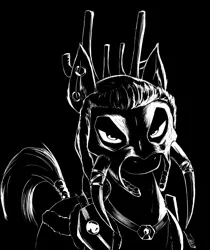 Size: 1680x2000 | Tagged: artist:zoarvek, black and white, black background, clothes, derpibooru import, ear piercing, earring, female, grayscale, jewelry, monochrome, oc, oc:zjin-wolfwalker, piercing, quadrupedal, safe, simple background, skull, solo, tail wrap, zebra