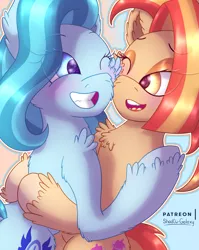 Size: 2083x2611 | Tagged: safe, artist:shad0w-galaxy, derpibooru import, lighthoof, shimmy shake, earth pony, pony, 2 4 6 greaaat, blushing, chest fluff, female, high res, hug, mare, patreon, patreon logo, smiling, that was fast