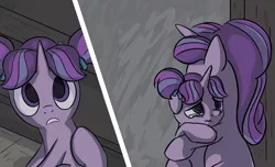 Size: 1200x730 | Tagged: safe, artist:inkygarden, derpibooru import, starlight glimmer, pony, unicorn, the cutie re-mark, cropped, crying, cute, double the glimmer, eyes closed, feels, female, filly, filly starlight glimmer, floppy ears, frown, glimmerbetes, heartwarming, hug, lidded eyes, looking at you, looking up, mare, no catchlights, offscreen character, pov, rain, sad, self adoption, self ponidox, sitting, teary eyes, this will end in timeline distortion, time paradox, time travel, wavy mouth, wide eyes, younger