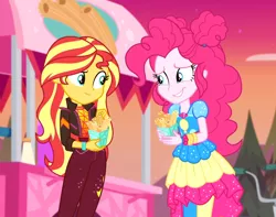 Size: 1252x988 | Tagged: safe, derpibooru import, screencap, pinkie pie, sunset shimmer, equestria girls, equestria girls series, sunset's backstage pass!, spoiler:eqg series (season 2), bicycle, churros, clothes, cropped, cute, diapinkes, duo, duo female, female, food, food stand, geode of sugar bombs, magical geodes, outdoors, pantyhose, shimmerbetes, shipping fuel, smiling