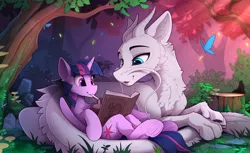 Size: 2300x1407 | Tagged: safe, artist:yakovlev-vad, derpibooru import, twilight sparkle, twilight sparkle (alicorn), oc, oc:zefiroth, alicorn, butterfly, dragon, eastern dragon, ferret, hybrid, pony, book, cute, drink, duo, fantastic beasts and where to find them, female, forest, frog (hoof), male, mare, non-mlp oc, prone, reading, scenery, scenery porn, straw, tree, tree stump, underhoof
