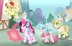 Size: 1024x658 | Tagged: safe, artist:manella-art, derpibooru import, oc, oc:belly flower, oc:bubble pie, oc:fire burst, oc:neverfree storm, oc:sunny moonlight, unofficial characters only, alicorn, hybrid, pegasus, pony, base used, female, interspecies offspring, magic, magical lesbian spawn, male, mare, offspring, parent:bulk biceps, parent:flim, parent:fluttershy, parent:pinkie pie, parent:princess skystar, parent:rainbow dash, parent:spitfire, parent:twilight sparkle, parents:flutterbulk, parents:skypie, parents:spitflim, parents:twidash, quill, scroll, stallion