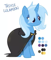 Size: 645x750 | Tagged: safe, artist:modocrisma, derpibooru import, trixie, pony, unicorn, alternate design, alternate universe, au:lbau, cloak, clothes, color palette, eyeshadow, female, hooded cloak, makeup, mare, reference sheet, show accurate, solo, stains, watermark