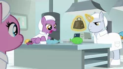 Size: 1920x1080 | Tagged: safe, derpibooru import, screencap, lavender flask, platinum cure, raspberry cotton, pony, the last laugh, clothes, factory, gag factory, lab coat, magic, male, stallion, weight, whoopie cushion