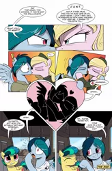 Size: 800x1222 | Tagged: suggestive, artist:wandrevieira1994, derpibooru import, oc, oc:apogee, oc:delta vee, oc:nurse bonesaw, earth pony, pegasus, pony, angry sex, comic, cougar, fatigues, female, filly, heart, kissing, lesbian, mare, military, military uniform, sex, silhouette, that escalated quickly, vulgar