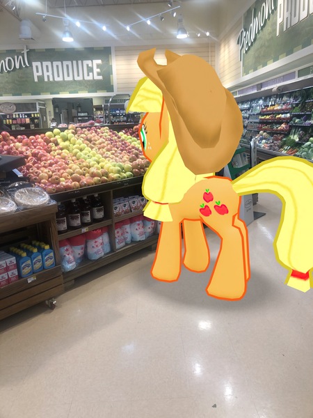 Size: 3024x4032 | Tagged: safe, derpibooru import, photographer:undeadponysoldier, applejack, earth pony, pony, apple, augmented reality, female, food, gameloft, grocery store, hat, irl, lowes foods, mare, photo, ponies in real life, produce