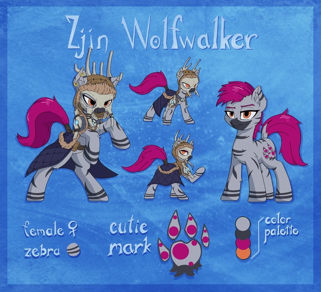 Size: 2800x2552 | Tagged: artist:danli69, clothes, coat, derpibooru import, female, lidded eyes, oc, oc:zjin-wolfwalker, quadrupedal, rearing, reference sheet, safe, skull, tail wrap, zebra