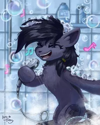 Size: 864x1080 | Tagged: safe, artist:amy-gamy, derpibooru import, oc, oc:mir, unofficial characters only, pony, bipedal, chest fluff, commission, female, mare, shower, singing, singing in the shower, solo, ych result