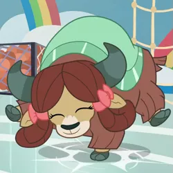 Size: 537x537 | Tagged: 2 4 6 greaaat, bow, buckball, cloven hooves, cropped, cute, dancing, derpibooru import, eyes closed, female, gym, hair bow, happy, monkey swings, safe, screencap, smiling, solo, stomping, yak, yona, yonadorable