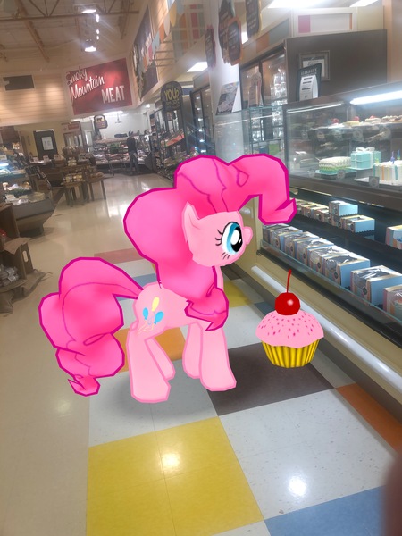 Size: 3024x4032 | Tagged: safe, derpibooru import, photographer:undeadponysoldier, pinkie pie, pony, augmented reality, cake, cherry, cupcake, female, food, gameloft, grocery store, irl, lowes foods, mare, photo, ponies in real life