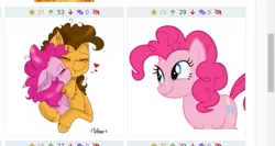 Size: 577x307 | Tagged: safe, artist:sketchmcreations, artist:valiantstar00, derpibooru import, cheese sandwich, pinkie pie, earth pony, pony, derpibooru, the last laugh, blushing, cheesepie, chest fluff, ear fluff, eyes closed, female, floppy ears, heart, hug, juxtaposition, kissing, male, mare, meta, missing accessory, shipping, simple background, smiling, stallion, straight, vector, white background