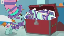 Size: 1920x1080 | Tagged: safe, derpibooru import, screencap, berry blend, berry bliss, gallus, november rain, snips, gryphon, pony, 2 4 6 greaaat, baseball cap, buckball, button, cap, clothes, colt, face paint, female, friendship student, hat, jersey, male, mare, photo, shirt, souvenir, stallion, trunk