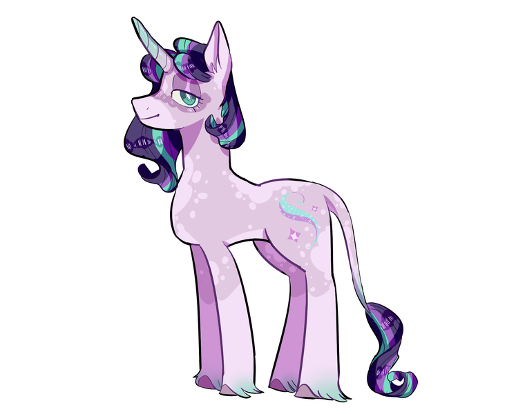 Size: 1870x1502 | Tagged: safe, artist:corporalvortex, derpibooru import, part of a set, starlight glimmer, classical unicorn, pony, unicorn, alternate color palette, alternate cutie mark, alternate design, alternate hairstyle, cloven hooves, coat markings, colored fetlocks, colored hooves, colored horn, cute, ear fluff, female, horn, leonine tail, looking at you, mare, redesign, simple background, smiling, socks (coat marking), solo, standing, star (coat marking), unshorn fetlocks, white background