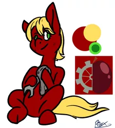 Size: 1404x1566 | Tagged: safe, artist:omegapex, derpibooru import, oc, oc:arkansas black, unofficial characters only, earth pony, pony, cutie mark, female, green eyes, mare, simple background, sitting, smiling, solo, white background, wrench