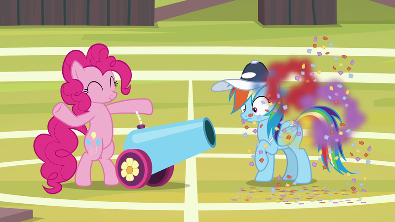 Size: 1920x1080 | Tagged: safe, derpibooru import, screencap, pinkie pie, rainbow dash, earth pony, pegasus, pony, 2 4 6 greaaat, baseball cap, bipedal, buckball court, cap, confetti, female, hat, mare, party cannon, raised hoof, shrunken pupils, smoke, surprised, wide eyes