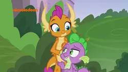 Size: 1280x720 | Tagged: derpibooru import, dragon, dragoness, duo, father knows beast, female, leaf, male, nickelodeon, safe, screencap, smolder, spike, winged spike