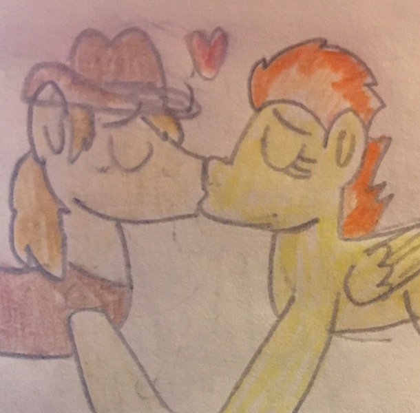 Size: 1987x1955 | Tagged: safe, artist:13mcjunkinm, derpibooru import, braeburn, spitfire, pony, female, heart, kissing, male, shipping, spitburn, straight, traditional art