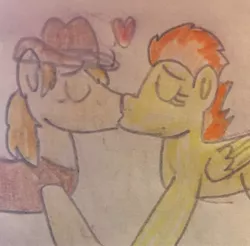 Size: 1987x1955 | Tagged: safe, artist:13mcjunkinm, derpibooru import, braeburn, spitfire, pony, female, heart, kissing, male, shipping, spitburn, straight, traditional art