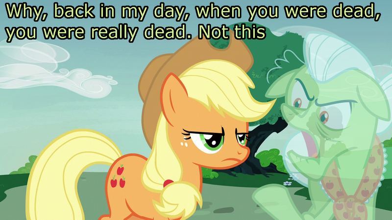 Size: 1280x720 | Tagged: safe, artist:estories, derpibooru import, edit, edited screencap, editor:mrdoctorderpy, screencap, applejack, granny smith, ghost, pony, undead, annoyed, caption, dead, image macro, rocko's modern life, rocko's modern life: static cling, spoilers for another series, text, vector