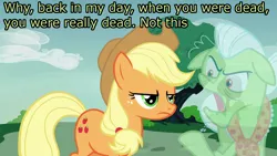 Size: 1280x720 | Tagged: safe, artist:estories, derpibooru import, edit, edited screencap, editor:mrdoctorderpy, screencap, applejack, granny smith, ghost, pony, undead, annoyed, caption, dead, image macro, rocko's modern life, rocko's modern life: static cling, spoilers for another series, text, vector