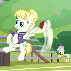 Size: 875x875 | Tagged: safe, derpibooru import, screencap, ambrosia, cindy block, summer breeze, pony, 2 4 6 greaaat, bleachers, buckball, buckball uniform, clothes, construction pony, cropped, flying, friendship student, hammer, hard hat, jersey, mouth hold, shirt, throwing, wing hands, wings