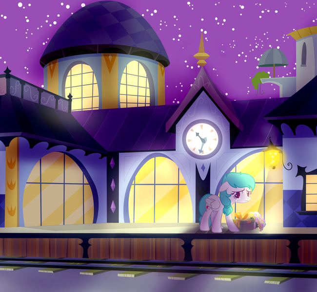 Size: 3999x3690 | Tagged: safe, artist:cottonheart05, derpibooru import, oc, unofficial characters only, pegasus, pony, bouquet, box, crying, female, flower, night, present, sad, solo, train station