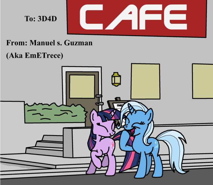 Size: 2648x2304 | Tagged: safe, artist:emetrece, derpibooru import, trixie, twilight sparkle, pony, cafe, date, female, lesbian, shipping, twixie