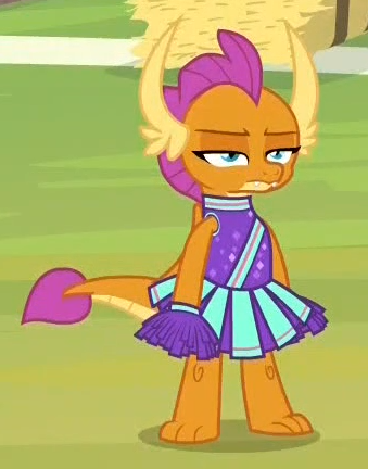 Size: 339x432 | Tagged: 2 4 6 greaaat, annoyed, cheerleader, cheerleader outfit, cheerleader smolder, clothes, cute, derpibooru import, dragon, dragoness, female, horns, pom pom, safe, screencap, skirt, smolder, smolderbetes, smolder is not amused, solo, teenaged dragon, teenager, unamused