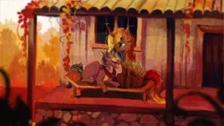 Size: 3840x2160 | Tagged: safe, artist:wolfiedrawie, derpibooru import, oc, earth pony, pony, unicorn, bench, couch, cuddling, duo, house, outdoors, sitting