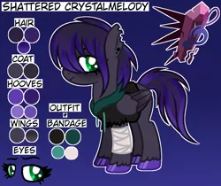 Size: 1280x1077 | Tagged: safe, artist:midnightamber, derpibooru import, oc, oc:shattered crystalmelody, pegasus, pony, bandage, base used, clothes, colored hooves, colored wings, ear piercing, earring, female, gradient background, gradient mane, gradient wings, hoodie, jewelry, music notes, piercing, reference sheet, ripped ears, solo, torn sleeves, wings