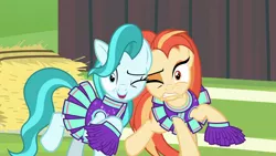 Size: 1920x1080 | Tagged: safe, derpibooru import, screencap, lighthoof, shimmy shake, earth pony, pony, 2 4 6 greaaat, bonk, buckball court, buckball field, cheerleader, duo, female, grimace, mare, one eye closed, ouch, pom pom