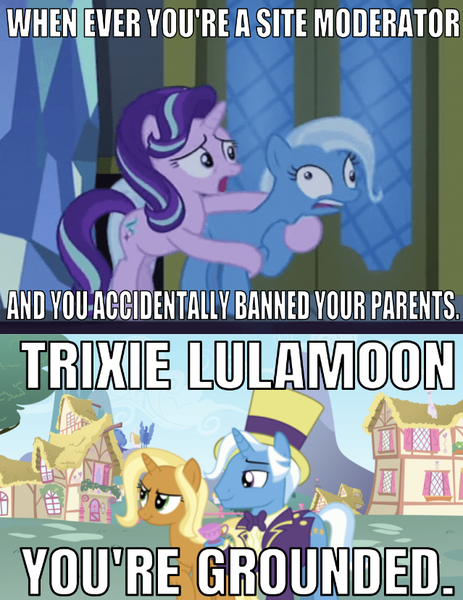 Size: 639x828 | Tagged: safe, derpibooru import, edit, edited screencap, editor:undeadponysoldier, screencap, jack pot, starlight glimmer, sunflower spectacle, trixie, pony, unicorn, assistant, caption, castle, derp, door, faic, female, full name, grounded, hoof on chest, image macro, impact font, jacktacle, male, mare, meme, mods, parent, relatable, scared, shipping, stallion, straight, text, trixie's parents, you're grounded